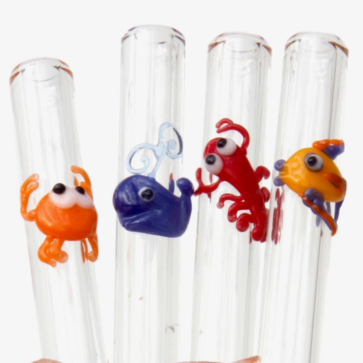 whale, lobster, crab and tropical fish glass drinking straws.