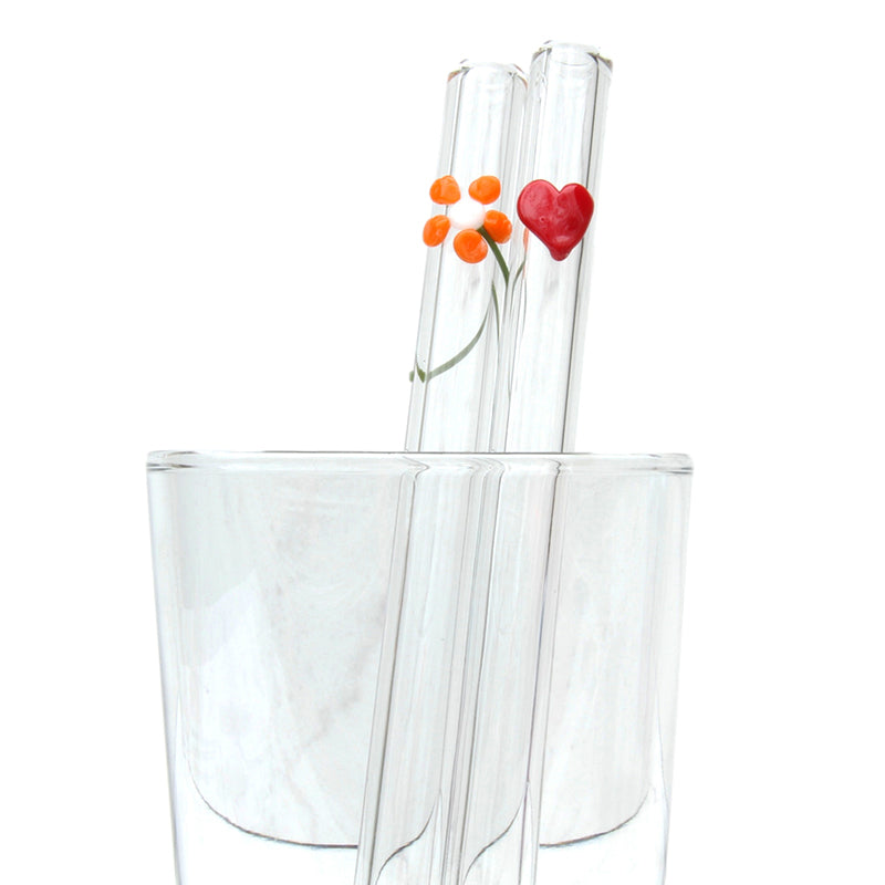 floral and heart glass drinking straws