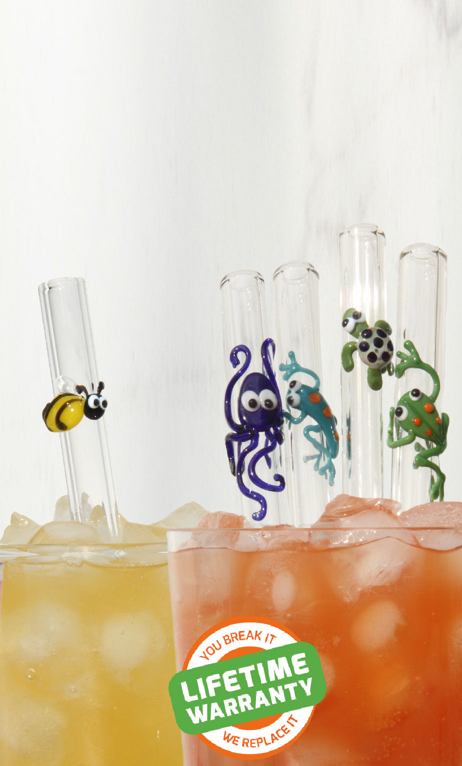 bee, octopus, gecko, turtle and frog glass sipper reusable glass straw