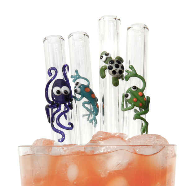 octopus gecko turtle and frog reusable straws from glass sipper